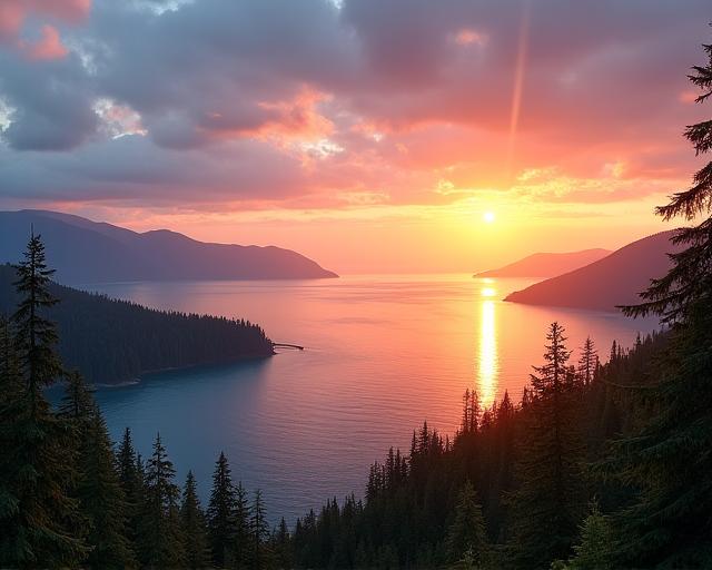 A serene panoramic view of the British Columbia coastline at sunset, with calm waters and forested islands.