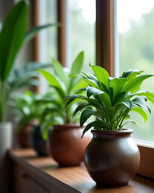 A close-up of lush green plants in ceramic pots inside the yoga studio, a symbol of our connection to nature.